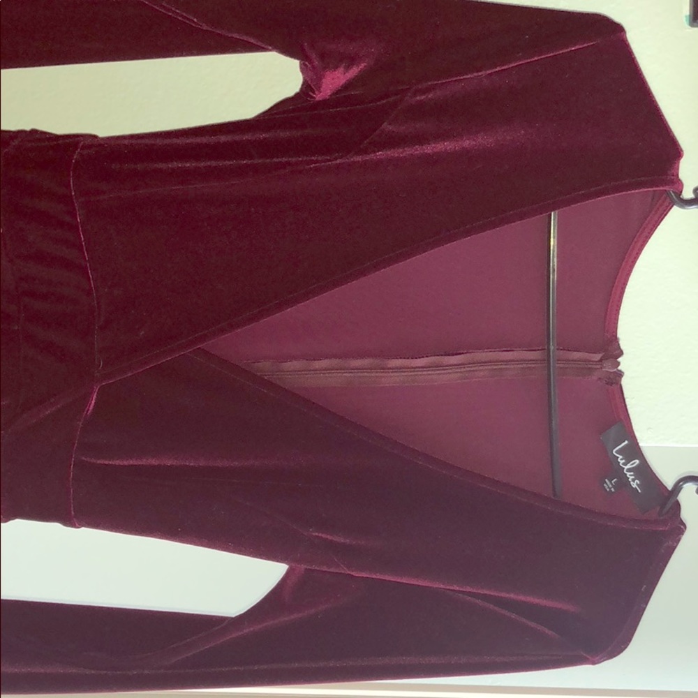 Lulus “decorated in love burgundy romper”
